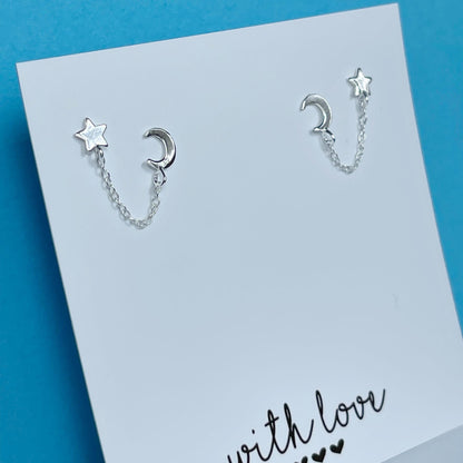Moon & Star Dangle Chain Earrings Pair, Celestial Double Piercing Stud Earrings, Sterling Silver Chain earrings set, Christmas Gift,
