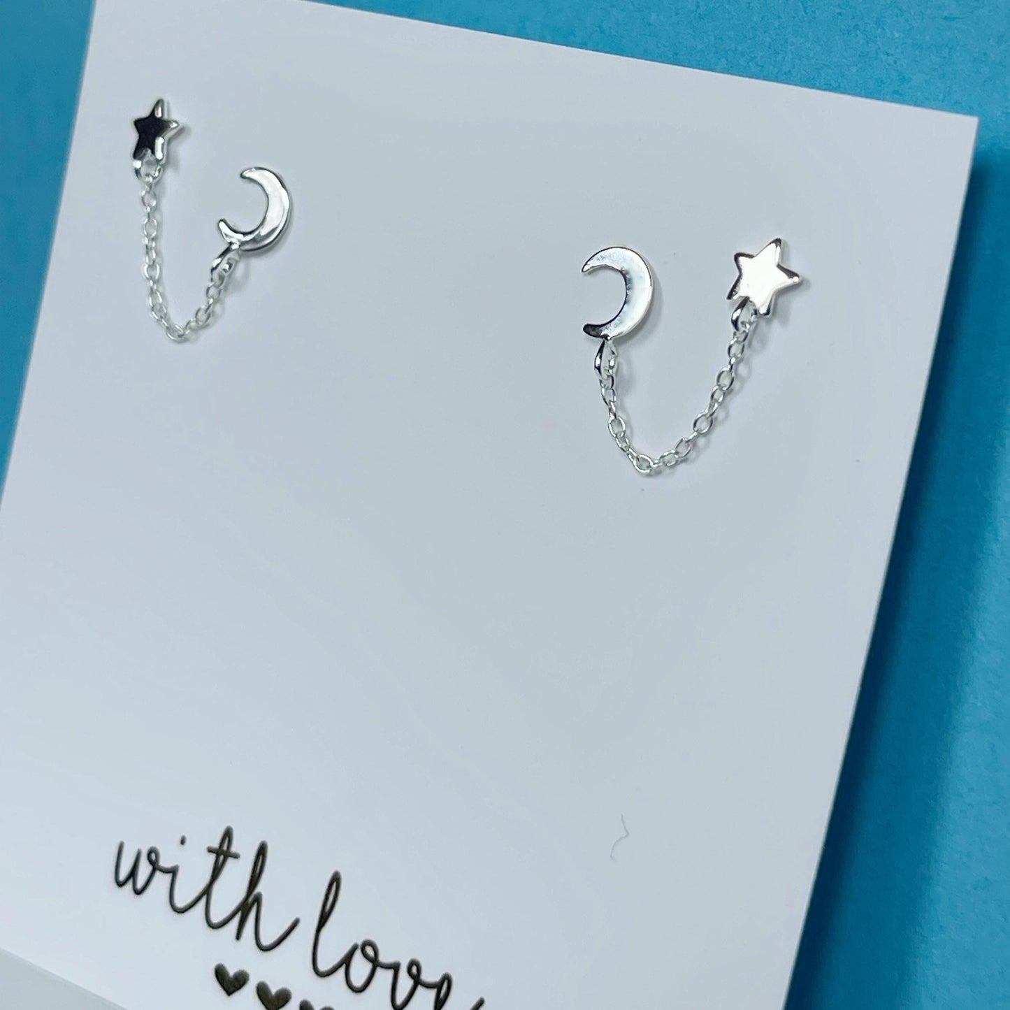 Moon & Star Dangle Chain Earrings Pair, Celestial Double Piercing Stud Earrings, Sterling Silver Chain earrings set, Christmas Gift,