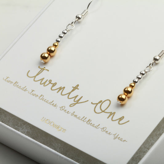 21st Birthday Gift for her, minimalist sterling silver gold drop dangle earrings, 21st birthday gift card, grand daughter sister friend mum
