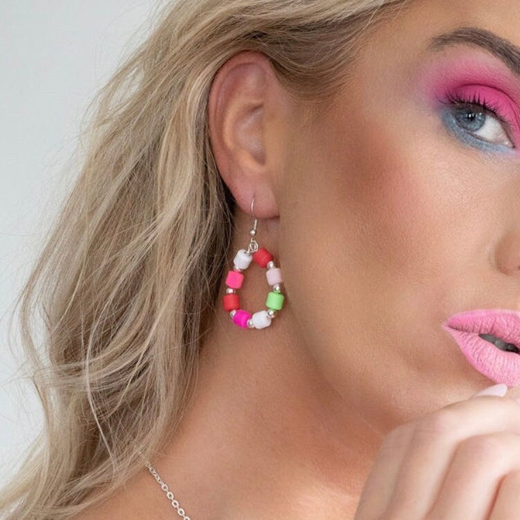 925 Sterling Silver earrings, Colorful beaded earrings, Bright Multicoloured earrings, Resin earrings, Gift for her, bright summer earrings