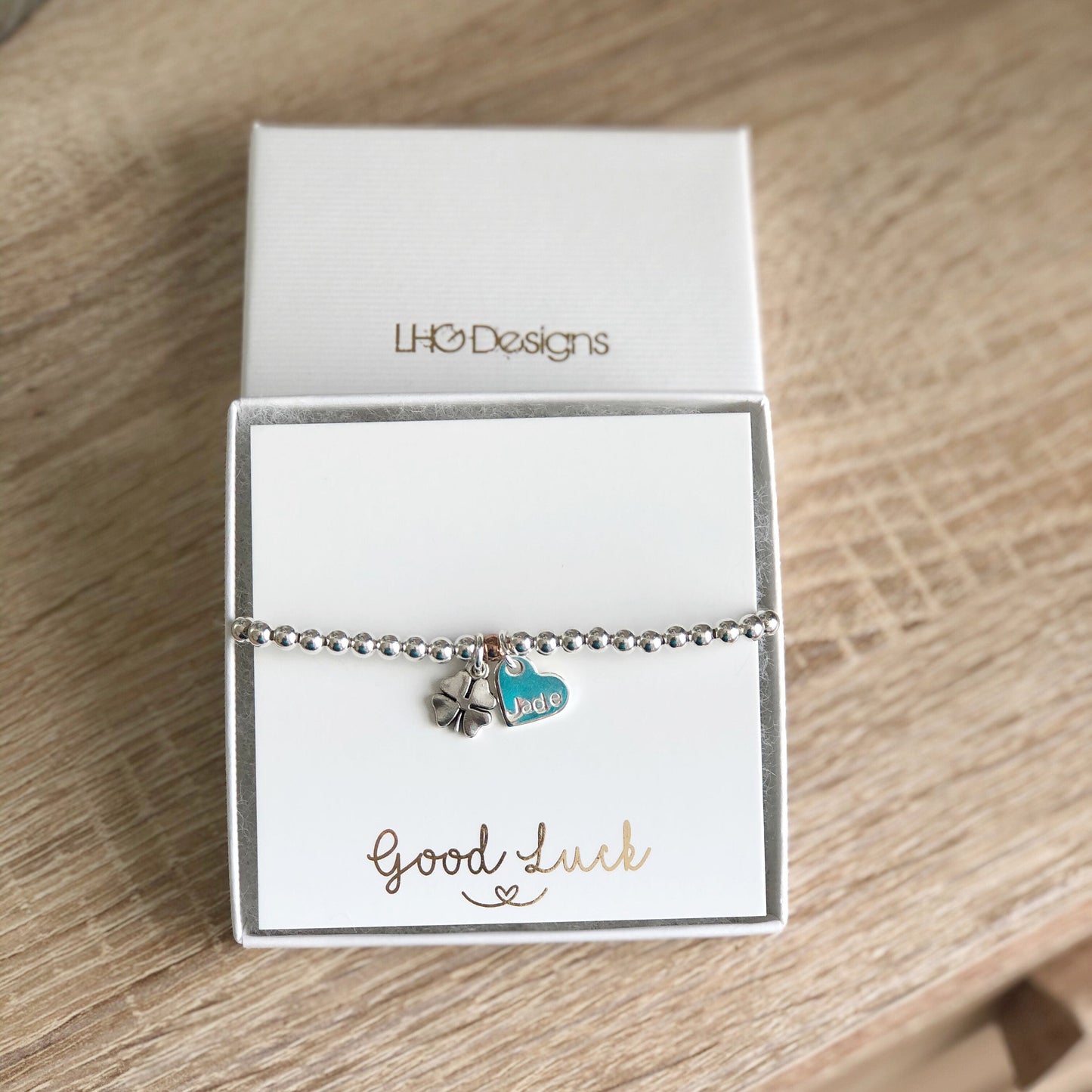 Good Luck gift for her, Personalised Four leaf clover bracelet, Good Luck at School gift, New job gift, Leaving gift, Off to University gift
