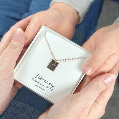 February Birth flower necklace, February Birthday gift for her, Violet necklace, Birth flower necklace, rectangle necklace rose gold silver