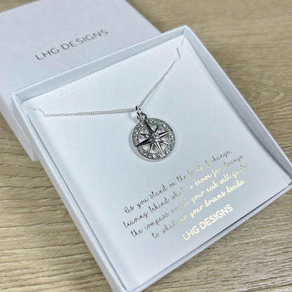 Diamond Compass Necklace, Travel jewellery, Dainty Compass Necklace, Graduation Gift, Sterling Silver Compass Necklace, Christmas Gift