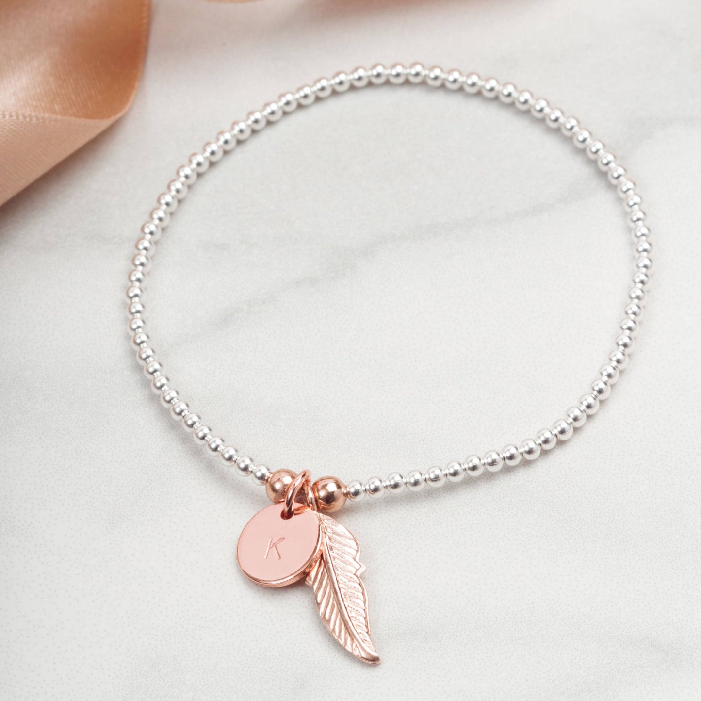 Personalised Birthday Gift for her, Feather charm bracelet, Valentines Gift, Mothers Day gift, Stacking charm bracelet, Rose gold Silver
