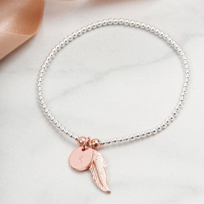 Personalised Birthday Gift for her, Feather charm bracelet, Valentines Gift, Mothers Day gift, Stacking charm bracelet, Rose gold Silver
