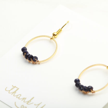 Minimalist Gold and Raw Sapphire Gemstone Circle earrings, 50th Birthday Gift for Women, Birthstone Gifts for Women, September Birthstone