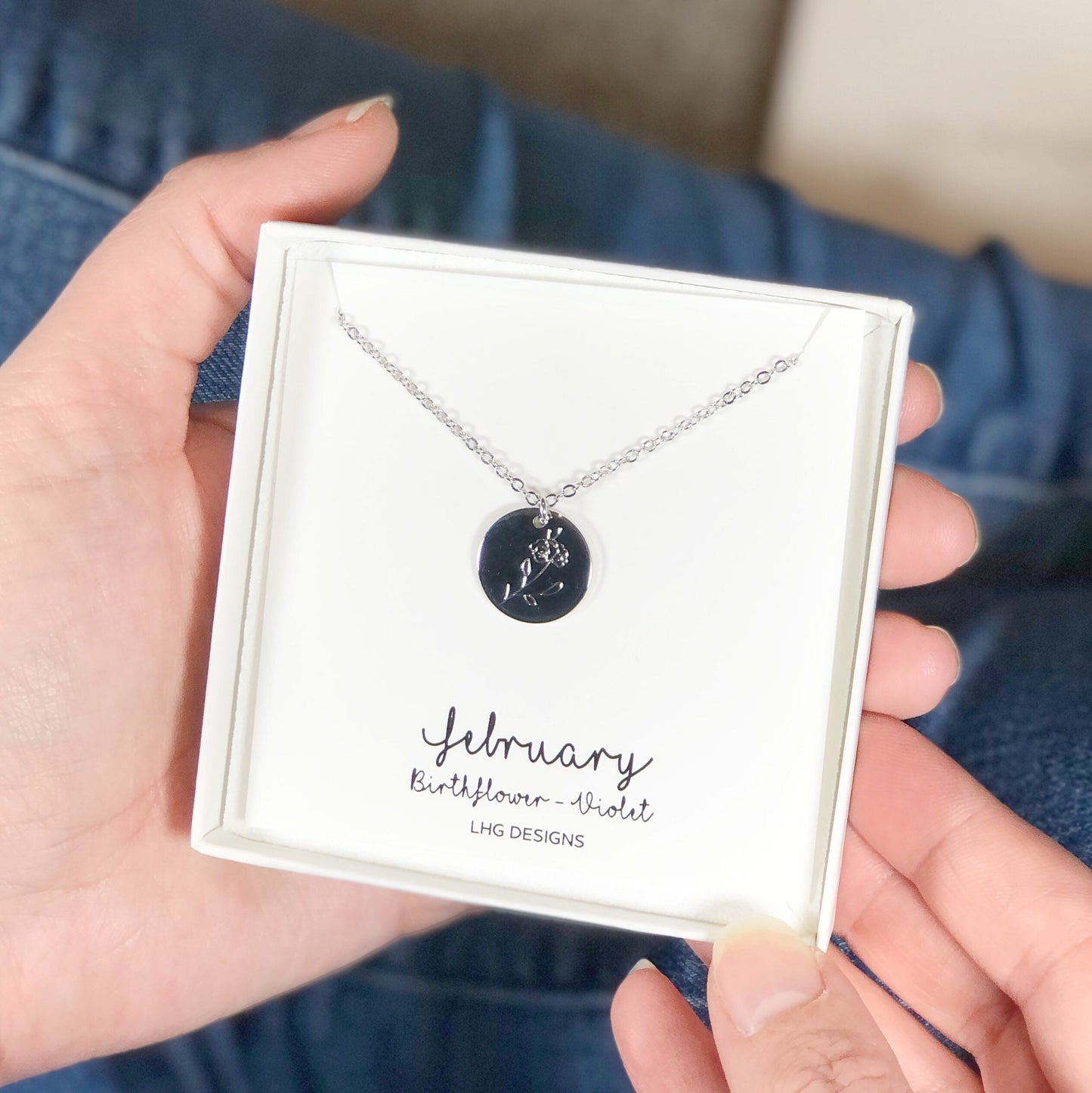 February Birth flower necklace, February Birthday gift for her, Violet necklace, Birth flower necklace, Round necklace rose gold silver