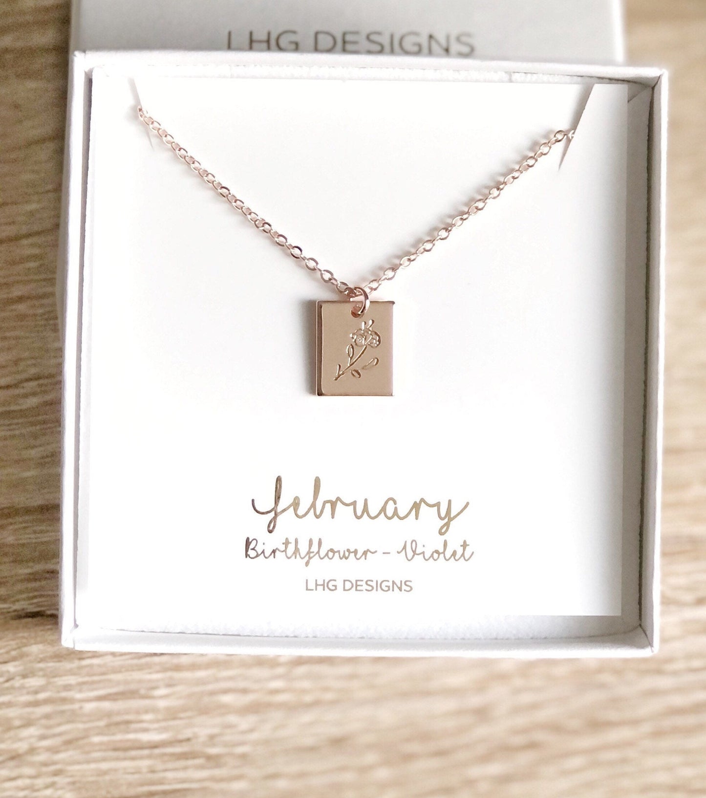 February Birth flower necklace, February Birthday gift for her, Violet necklace, Birth flower necklace, rectangle necklace rose gold silver