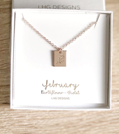 February Birth flower necklace, February Birthday gift for her, Violet necklace, Birth flower necklace, rectangle necklace rose gold silver