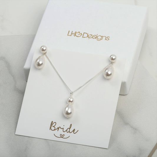 Bridal Swarovski teardrop pearl jewellery set, Teardrop pearl necklace earrings, Pearl stud earrings, bridal wedding jewellery, white ivory