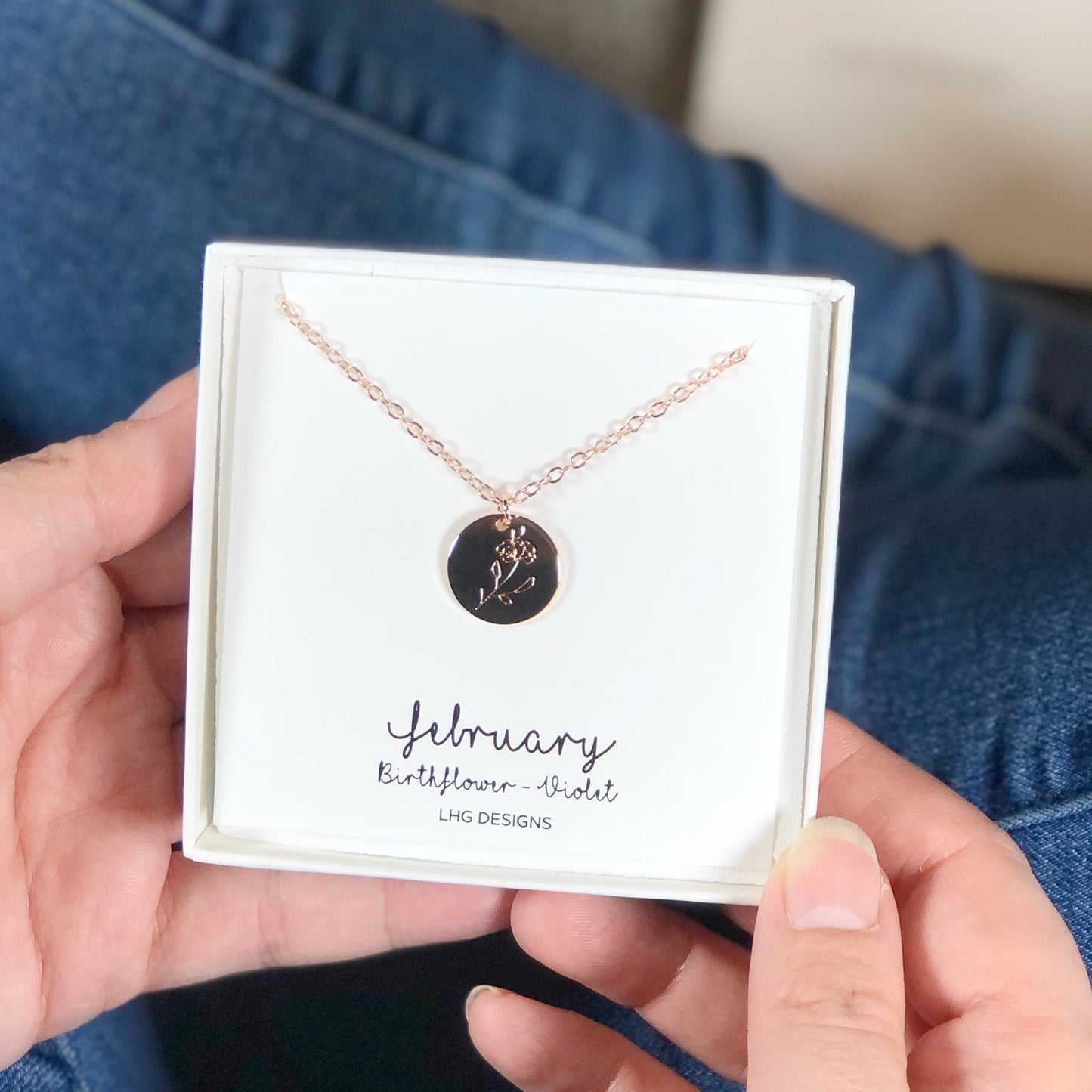 February Birth flower necklace, February Birthday gift for her, Violet necklace, Birth flower necklace, Round necklace rose gold silver