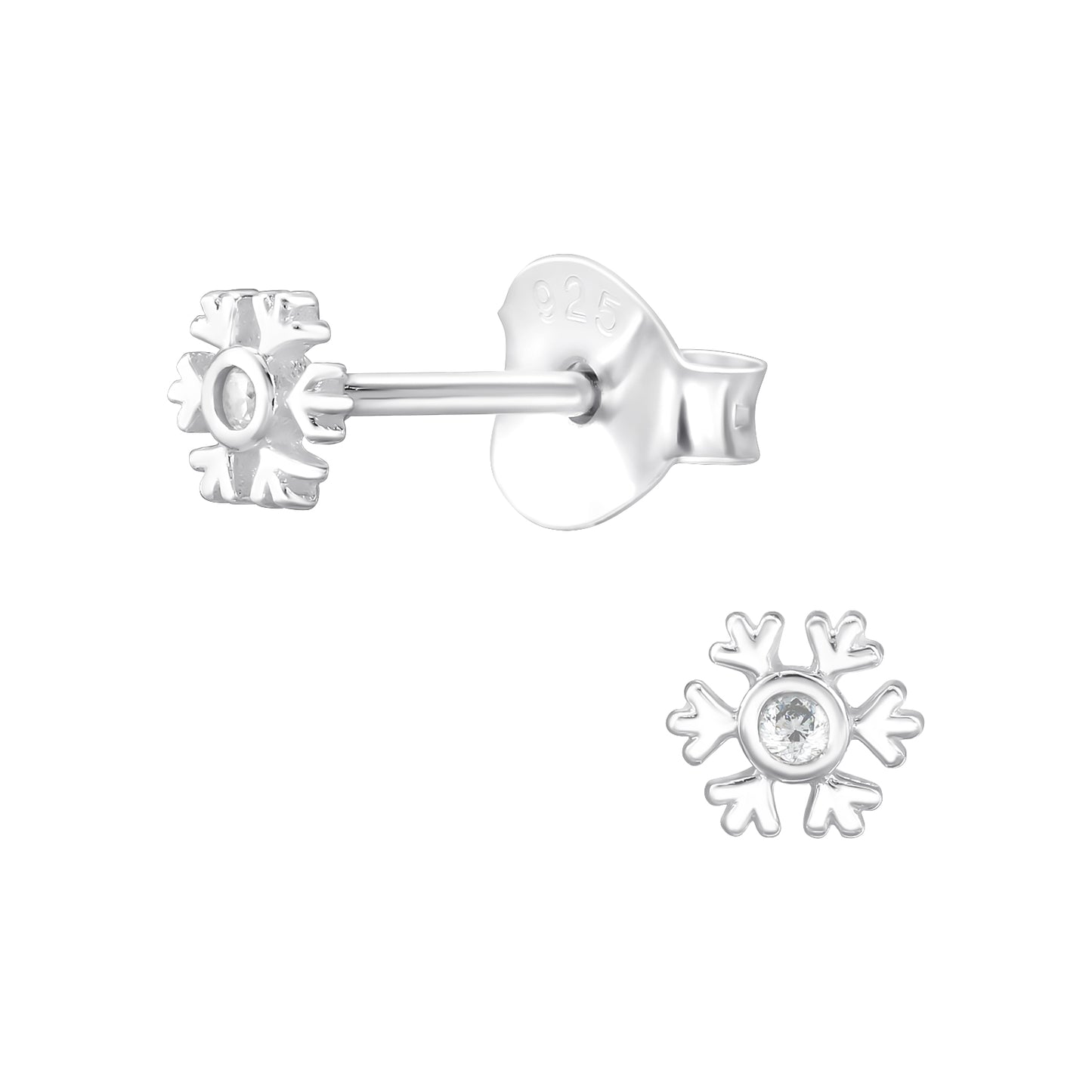 Very Tiny Snowflake stud earring in sterling silver with cubic zirconia