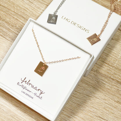 February Birth flower necklace, February Birthday gift for her, Violet necklace, Birth flower necklace, rectangle necklace rose gold silver
