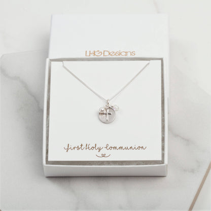 Sterling silver cross birthstone necklace, Pearl, First Holy communion gift, christening baptism gift for girl, childrens jewellery, goddaug