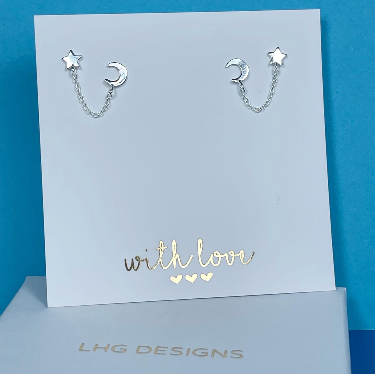 Moon & Star Dangle Chain Earrings Pair, Celestial Double Piercing Stud Earrings, Sterling Silver Chain earrings set, Christmas Gift,