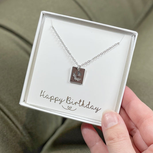 Dainty Personalised Necklace, Tiny Personalized rectangle necklace, Flower Necklace with initial, Initial layered necklace, Bridesmaid gift