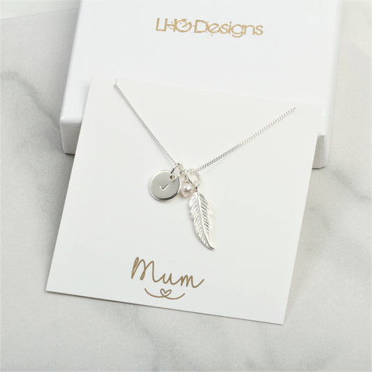 Personalised Silver Feather necklace, Birthday gift for her, Mothers Day gift for mum friend daughter wife sister bride, memorial sympathy