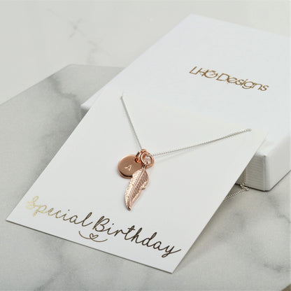 Rose Gold Feather Necklace, Personalised jewelry, Birthday Gift for her, Mothers Day Gift girlfriend, sister mum wife, Memorial jewellery