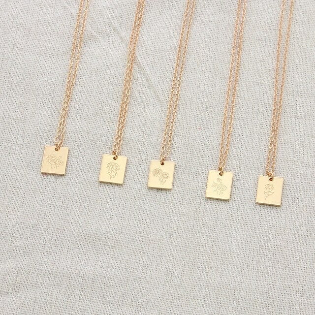 February Birth flower necklace, February Birthday gift for her, Violet necklace, Birth flower necklace, rectangle necklace rose gold silver