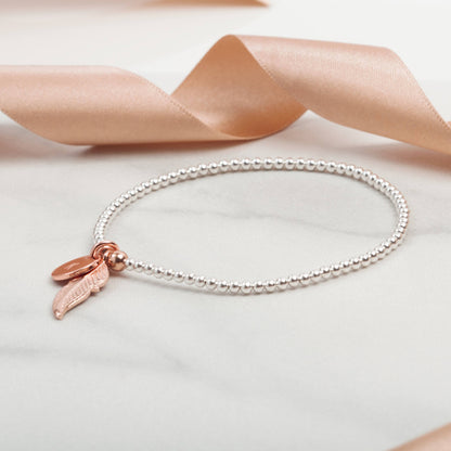 Personalised Birthday Gift for her, Feather charm bracelet, Valentines Gift, Mothers Day gift, Stacking charm bracelet, Rose gold Silver