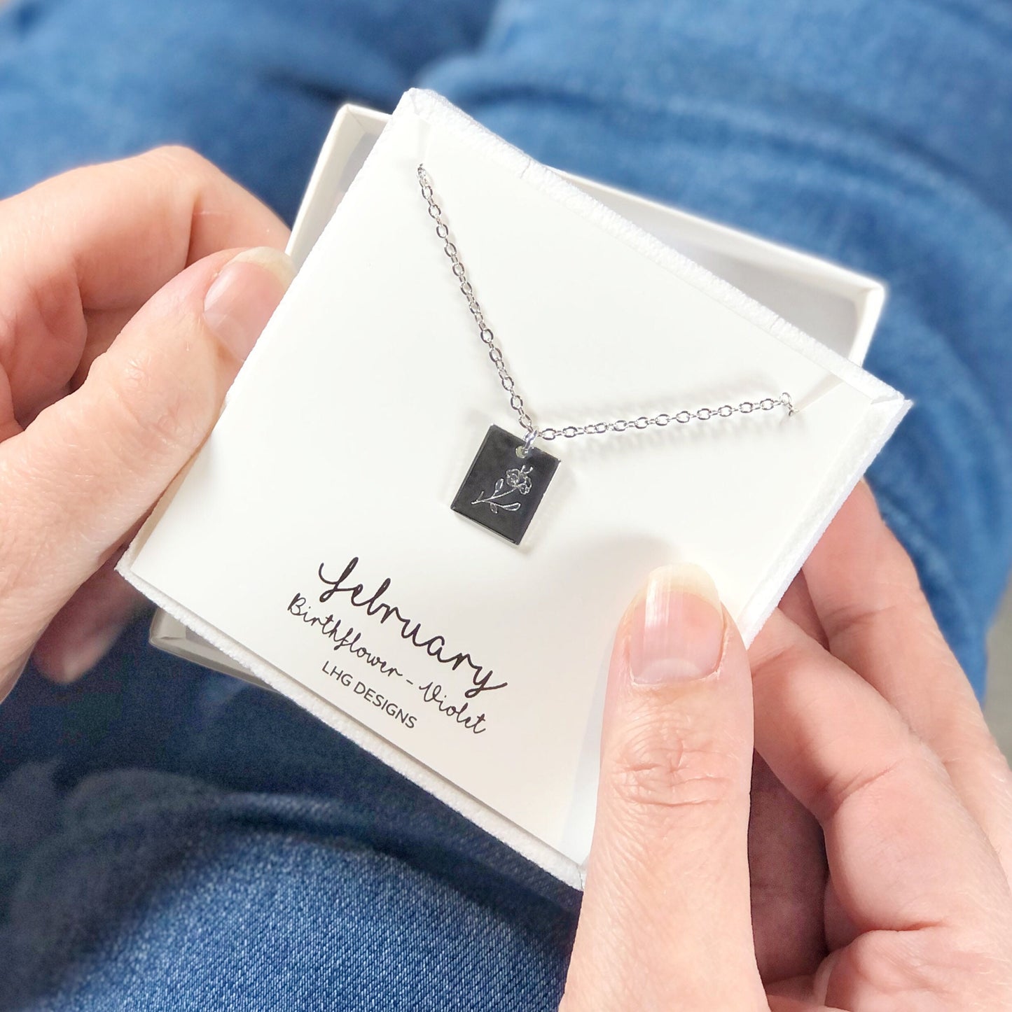 February Birth flower necklace, February Birthday gift for her, Violet necklace, Birth flower necklace, rectangle necklace rose gold silver