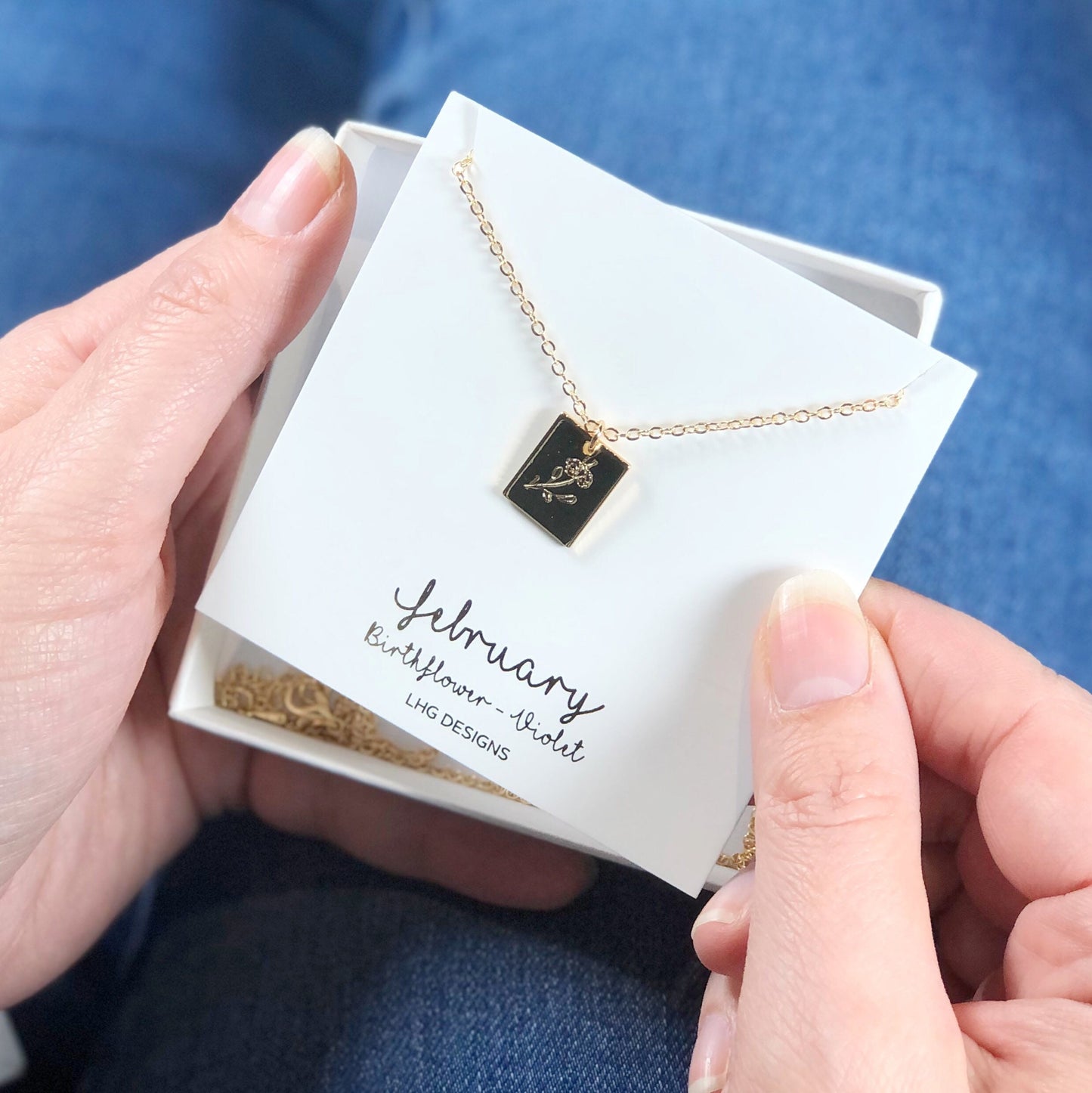 February Birth flower necklace, February Birthday gift for her, Violet necklace, Birth flower necklace, rectangle necklace rose gold silver