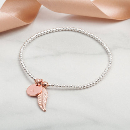 Personalised Birthday Gift for her, Feather charm bracelet, Valentines Gift, Mothers Day gift, Stacking charm bracelet, Rose gold Silver