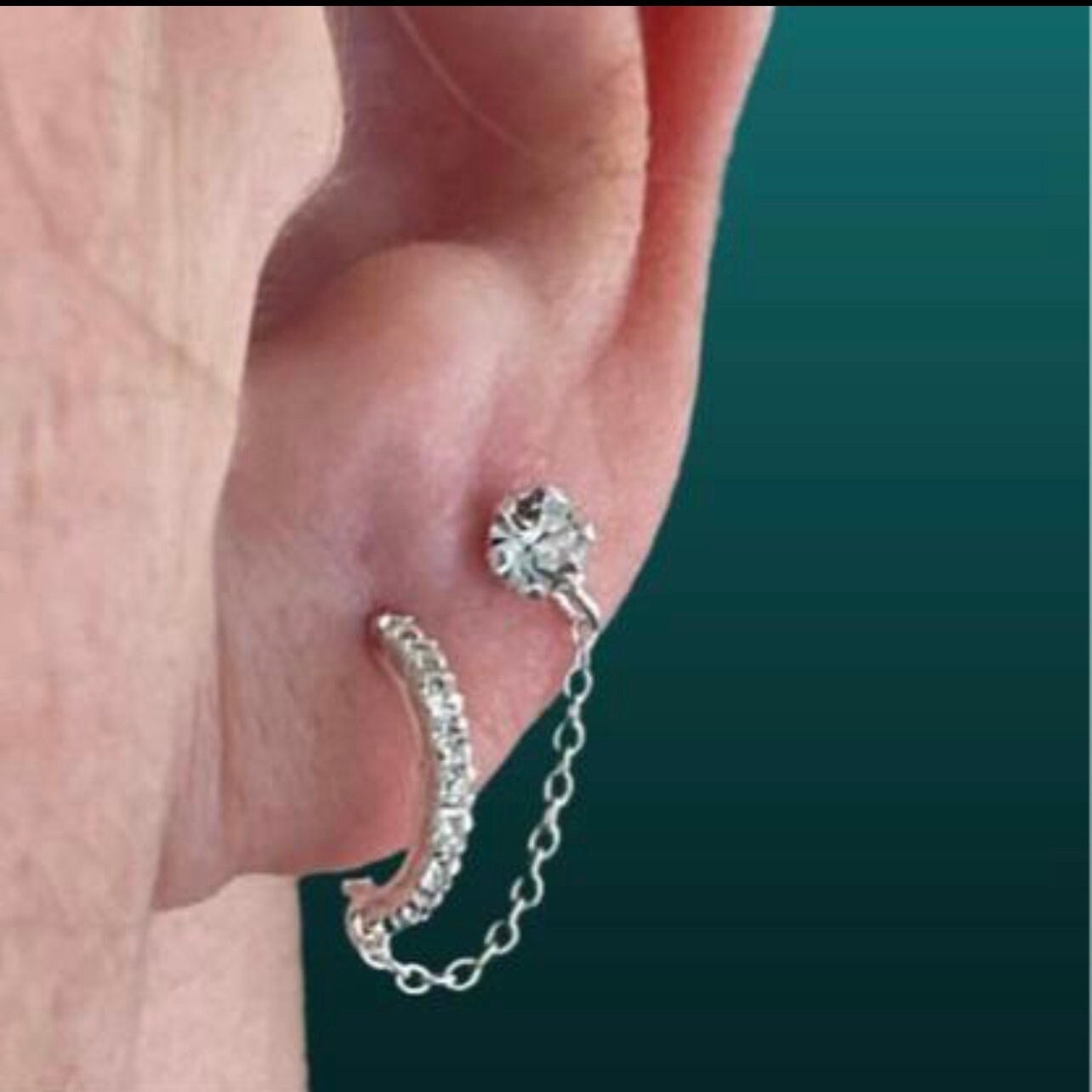 Party Earrings, Crystal hoop and Stud chain earrings, Dainty earrings, Sterling Silver, Double Chain earrings, Christmas gift for her,