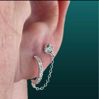 Party Earrings, Crystal hoop and Stud chain earrings, Dainty earrings, Sterling Silver, Double Chain earrings, Christmas gift for her,