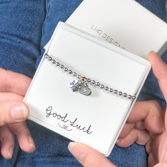 Good Luck gift for her, Personalised Four leaf clover bracelet, Good Luck at School gift, New job gift, Leaving gift, Off to University gift